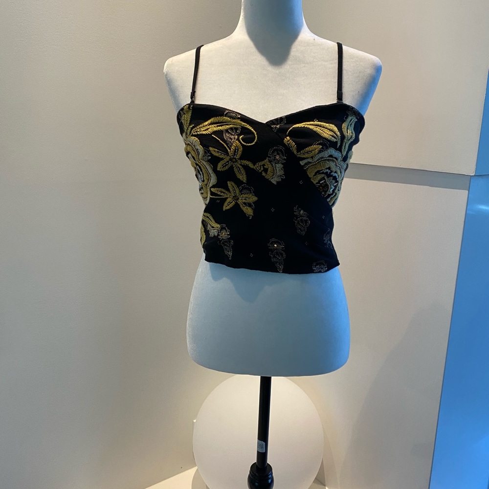 Black and yellow embroidered spaghetti strap top